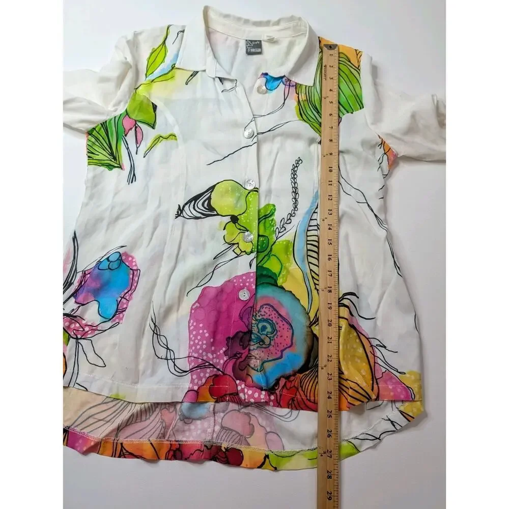 Simply Art by Dolcezza Floral Button-Up 3/4 Roll Up Sleeve Blouse Size M - Picture 9 of 10